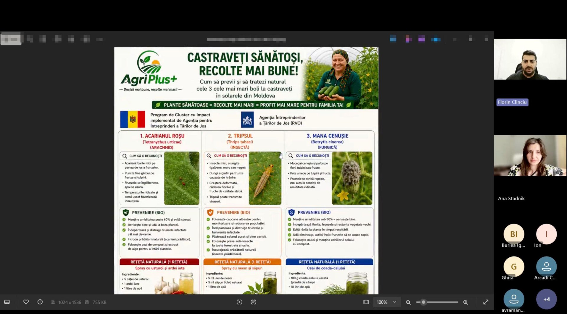 Screenshot of the second AgriPlus+ online training session showing a Romanian presentation about healthy cucumbers and bio-agricultural pest management, with participant webcams visible alongside