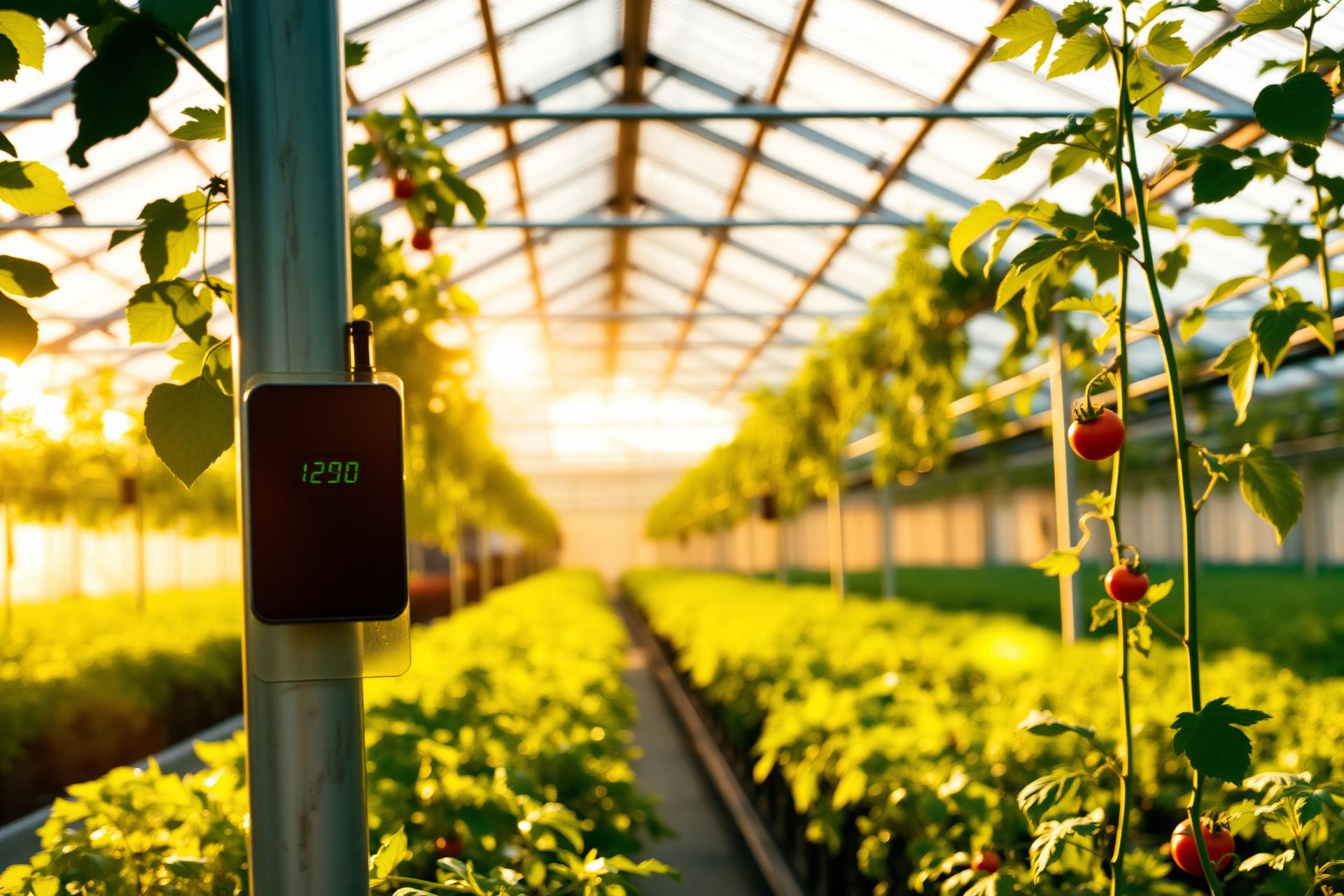 Greenhouse rows with sensor in foreground